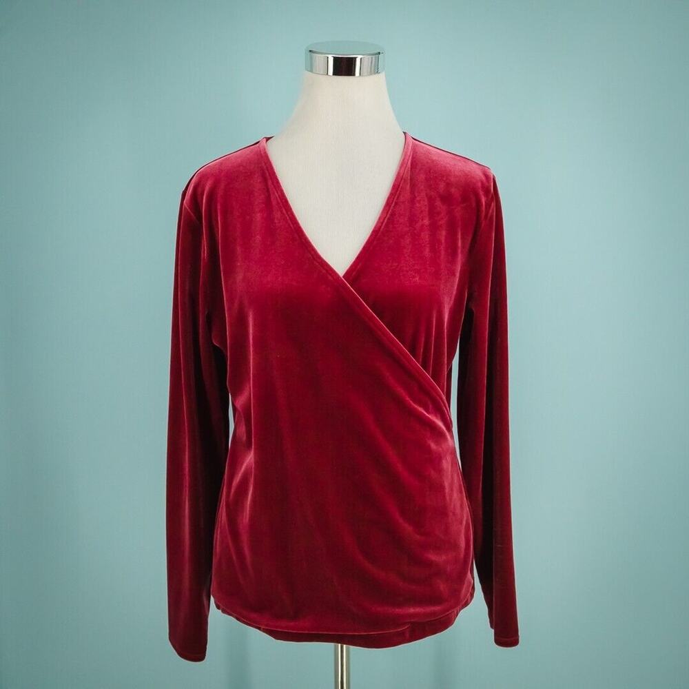 J. Crew Size Large L Red Pink Velvet Surplice V Neck Long Sleeve Knit Top